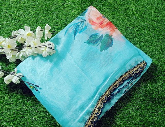 Turquoise Floral space Silk Saree