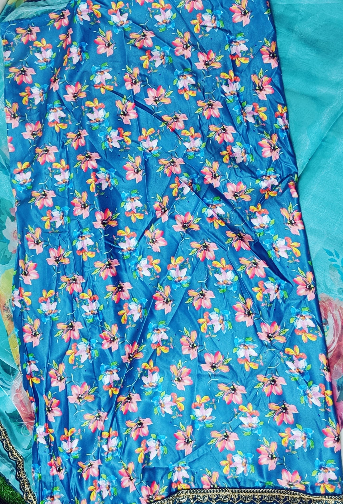 Turquoise Floral space Silk Saree