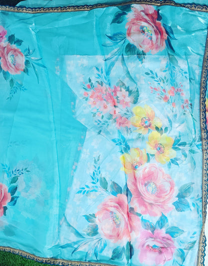 Turquoise Floral space Silk Saree