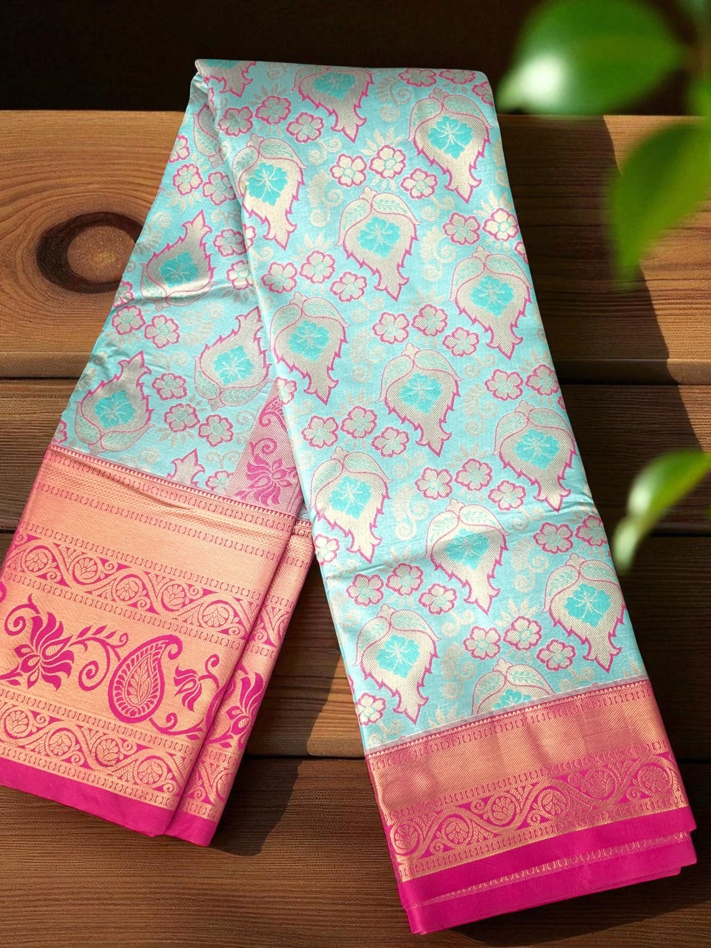 Sea Green and Pink Semi Kanchi Silk Saree