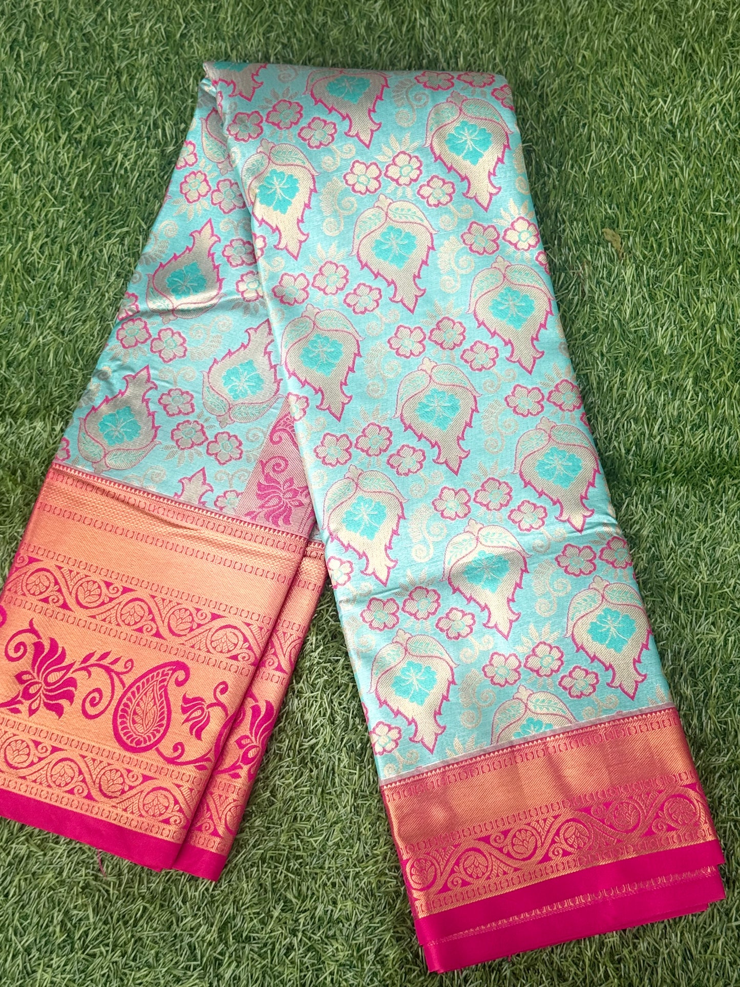 Sea Green and Pink Semi Kanchi Silk Saree