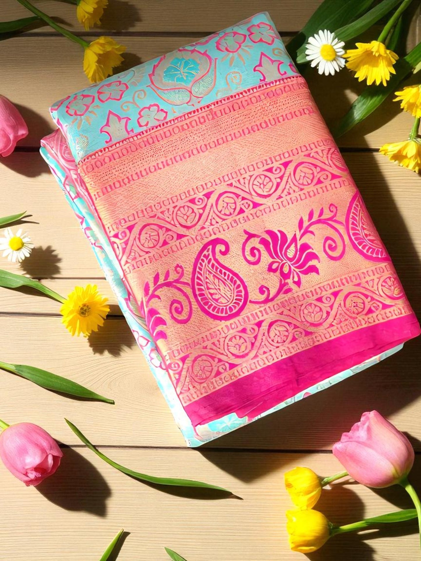 Sea Green and Pink Semi Kanchi Silk Saree