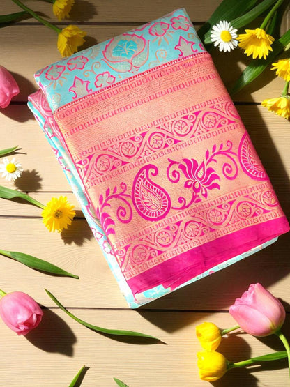 Sea Green and Pink Semi Kanchi Silk Saree