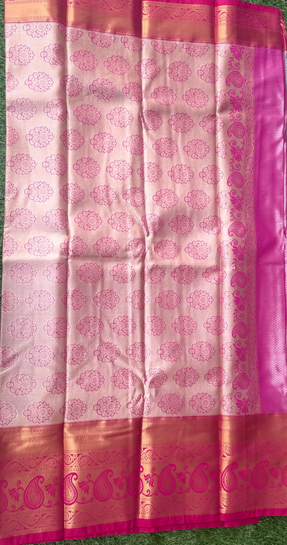 Sea Green and Pink Semi Kanchi Silk Saree