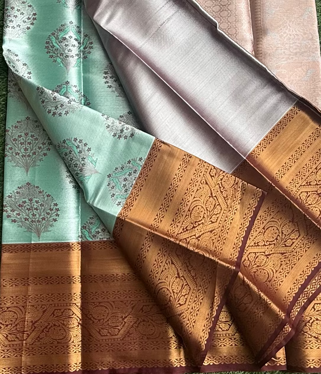 Sea Blue and Brown Semi Kanchi Silk Saree