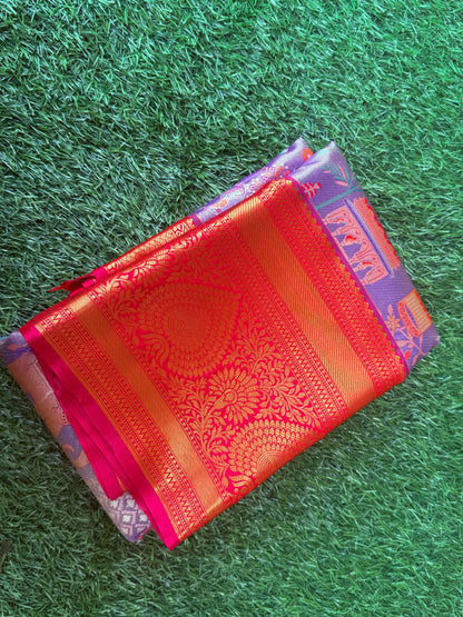 Lavender and Red 3D Print Semi Kanchipuram Silk Saree