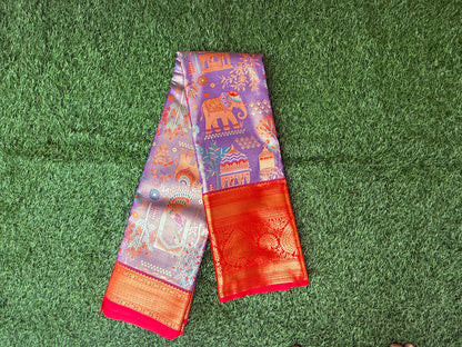 Lavender and Red 3D Print Semi Kanchipuram Silk Saree