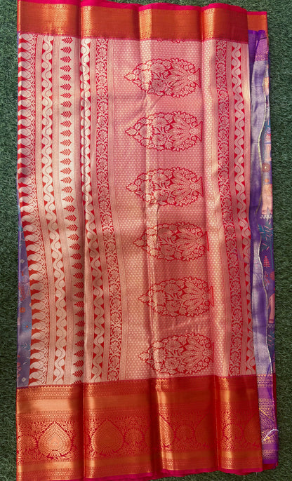 Lavender and Red 3D Print Semi Kanchipuram Silk Saree