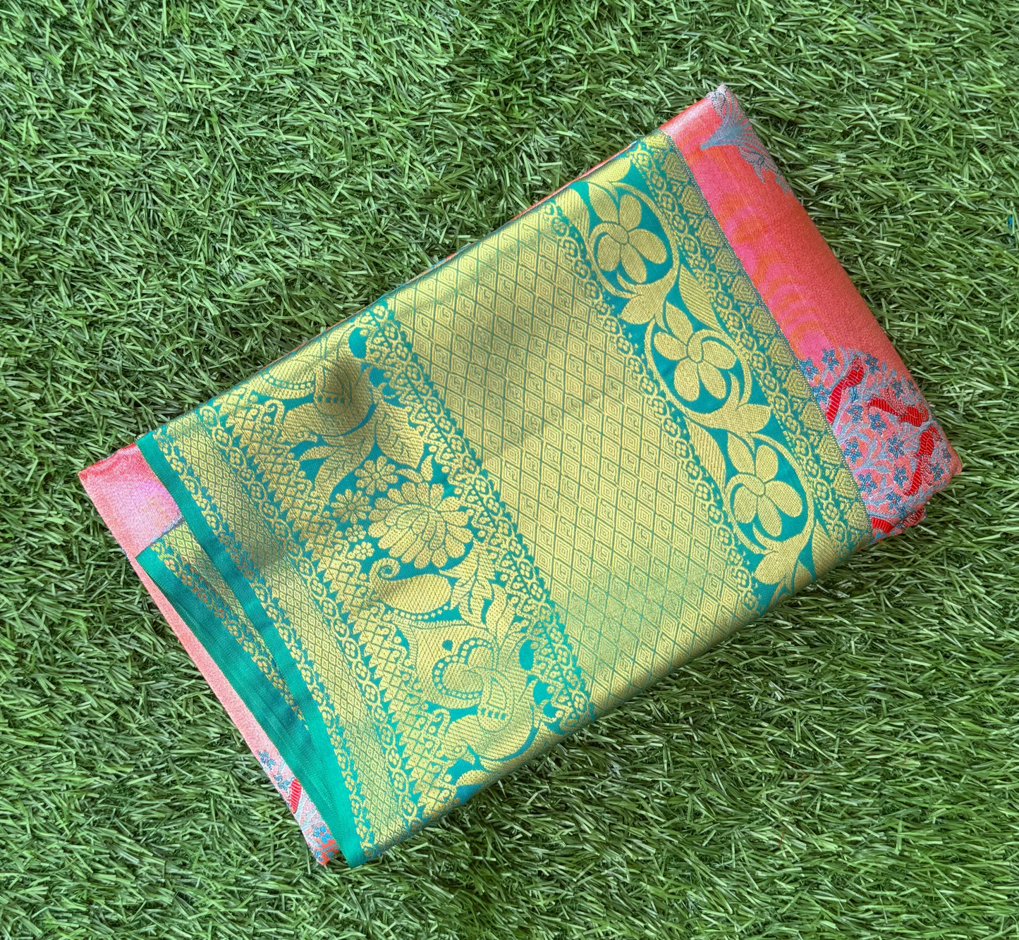 Pink and Green Semi Kanchi Silk Saree