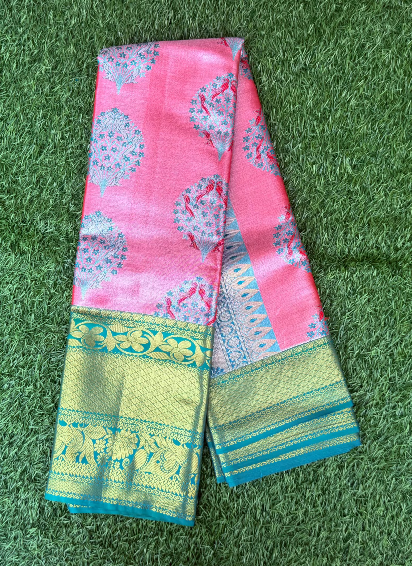 Pink and Green Semi Kanchi Silk Saree