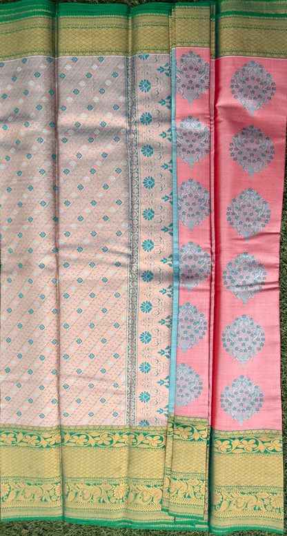 Pink and Green Semi Kanchi Silk Saree