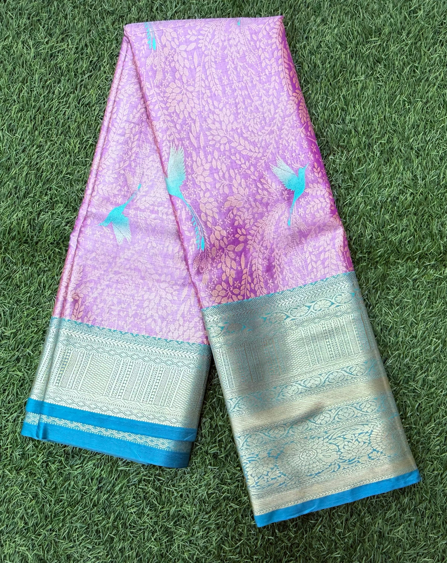 Lavender and Green Semi Kanchi Silk Saree