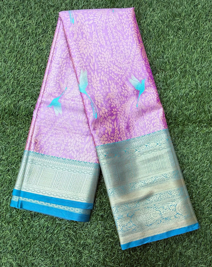 Lavender and Green Semi Kanchi Silk Saree