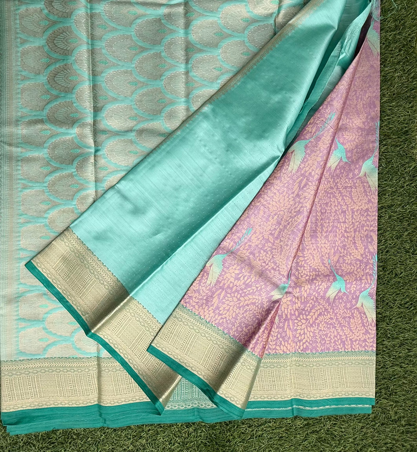 Lavender and Green Semi Kanchi Silk Saree