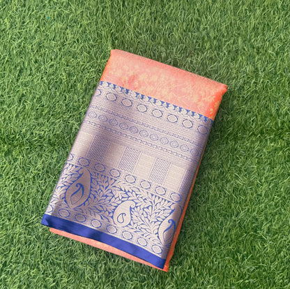 Orange and Blue Semi Kanchi Silk Saree