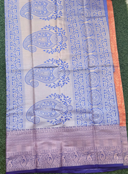 Orange and Blue Semi Kanchi Silk Saree