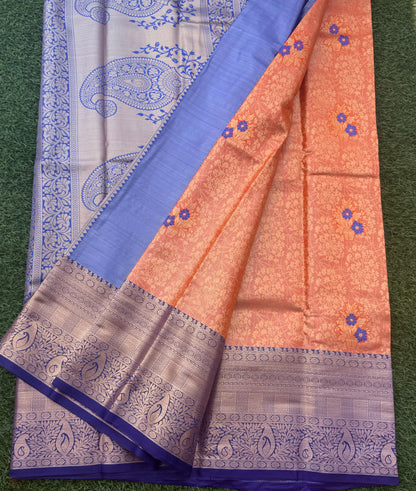Orange and Blue Semi Kanchi Silk Saree