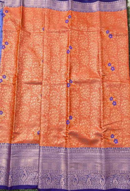 Orange and Blue Semi Kanchi Silk Saree
