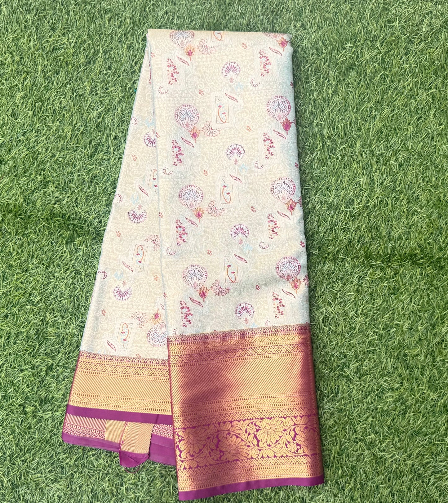 Off white and Purple Semi Kanchi Silk Saree