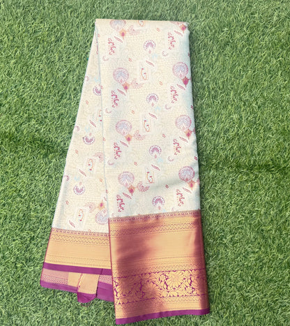 Off white and Purple Semi Kanchi Silk Saree