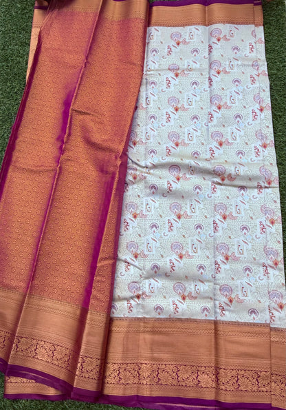 Off white and Purple Semi Kanchi Silk Saree