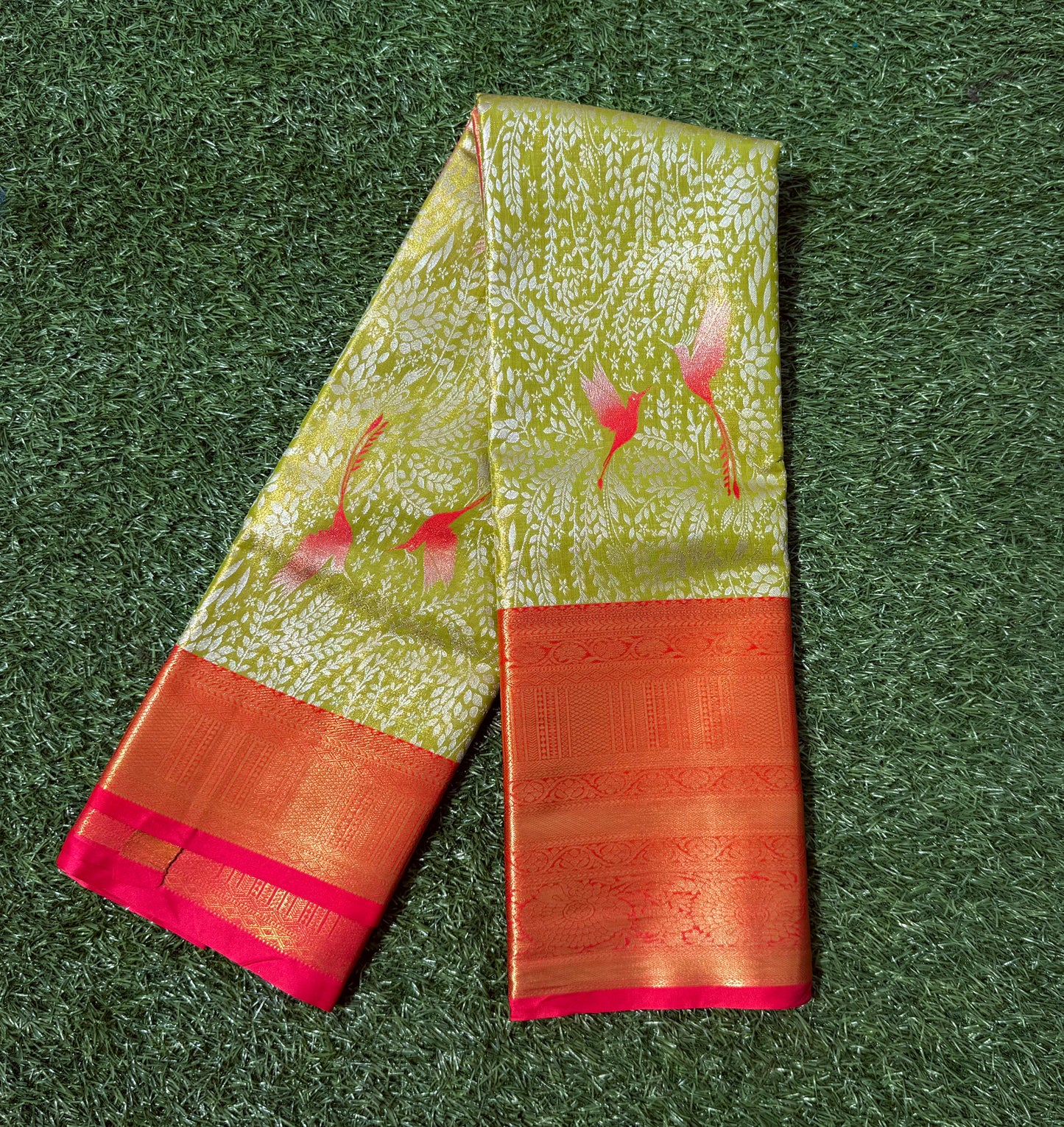 Lemon Yellow and Red Semi Kanchi Silk Saree