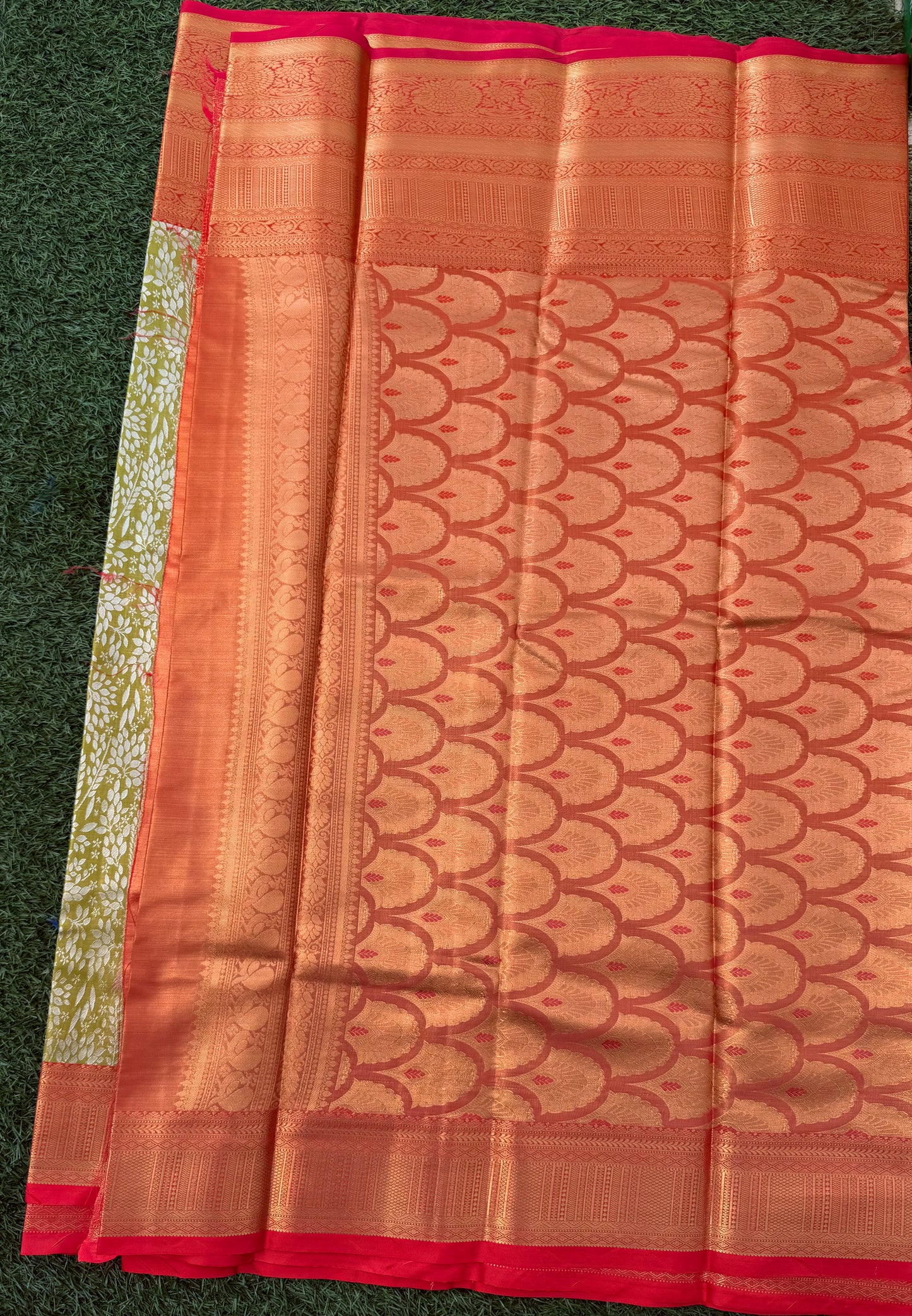 Lemon Yellow and Red Semi Kanchi Silk Saree