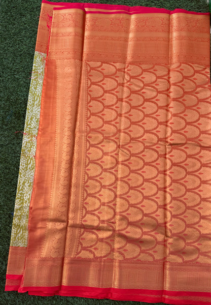 Lemon Yellow and Red Semi Kanchi Silk Saree