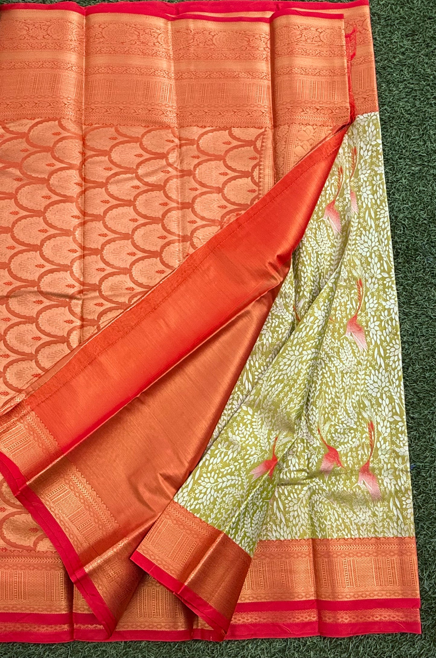 Lemon Yellow and Red Semi Kanchi Silk Saree