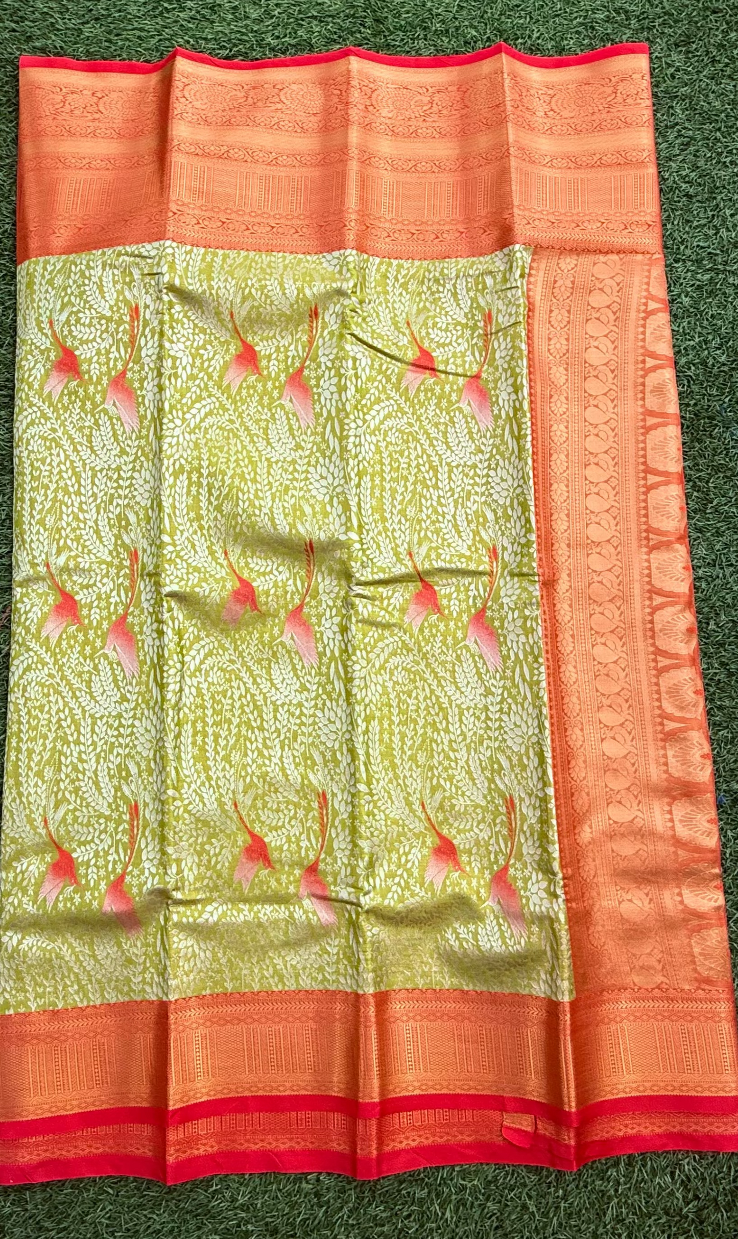 Lemon Yellow and Red Semi Kanchi Silk Saree