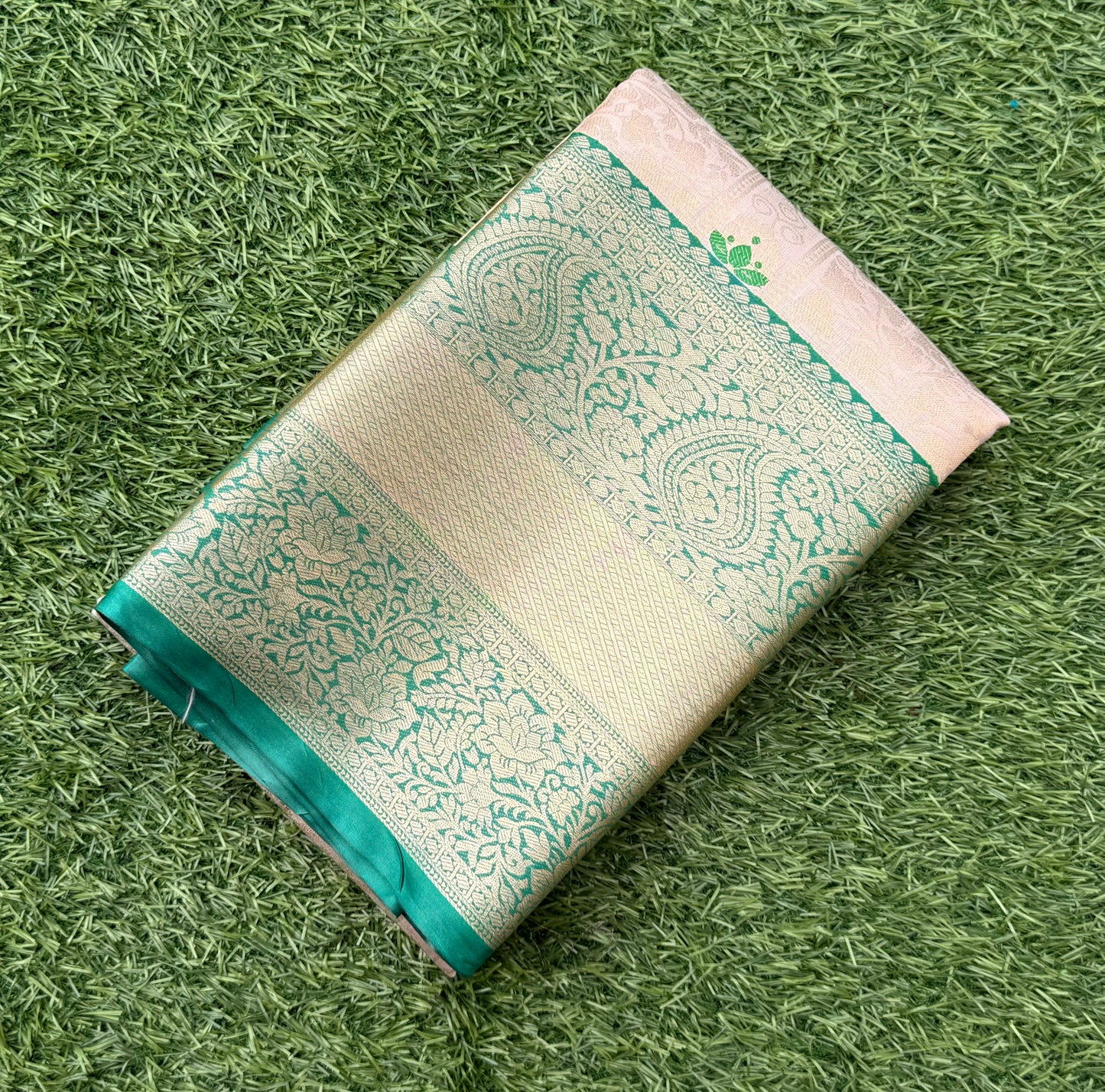 Off white  and Green Semi Kanchi Silk Saree