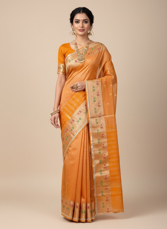 Orange Tissue Meenakari Kanchi Silk Saree