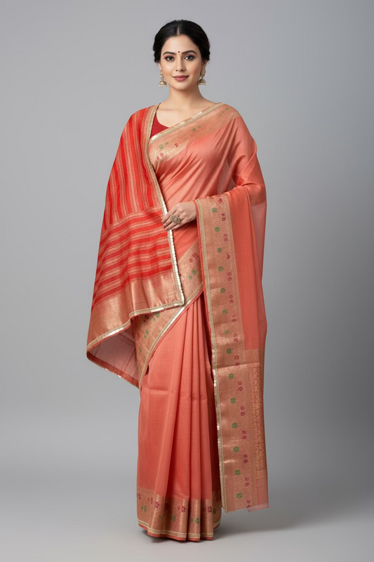 Red Tissue Meenakari Kanchi Silk Saree